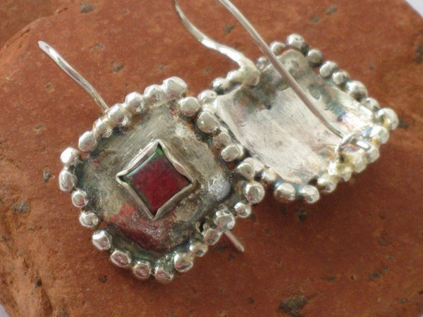 Square Silver Opal Dangle Earrings