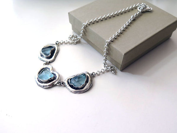 Silver Aqua Blue Sea glass Necklace