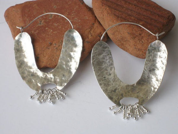 Large Silver Hammered Hoop Earrings