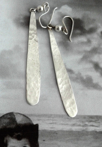 Long Hammered Silver Drop Earrings