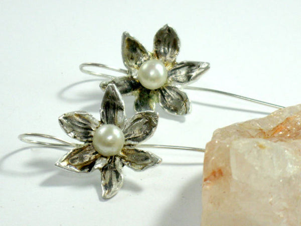 Flower Silver Pearl Dangle Earrings