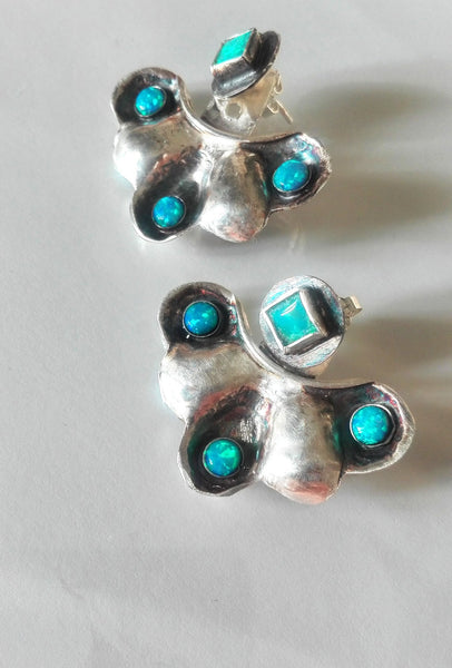 Blue Opal Silver Ear Jacket Earrings