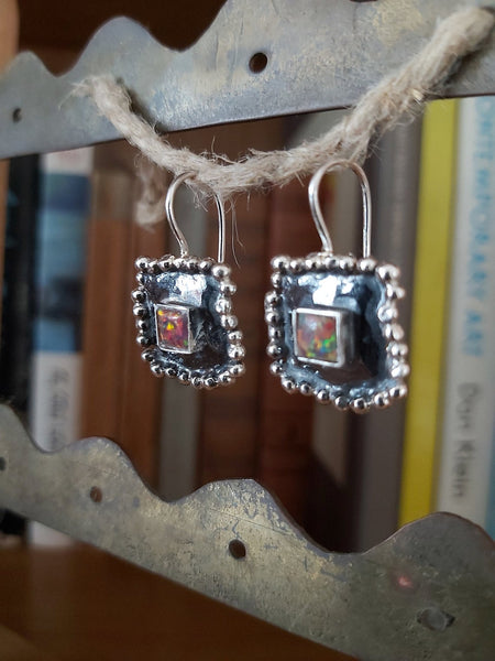 Square Silver Opal Dangle Earrings