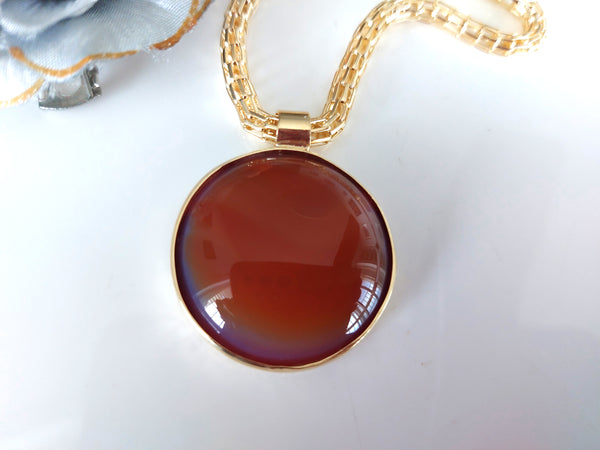 Gold Round Orange Agate Pendant Necklace