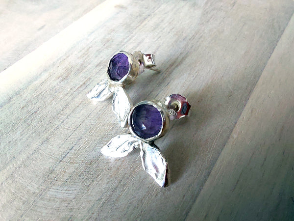 Amethyst Silver Leaf Stud Earrings