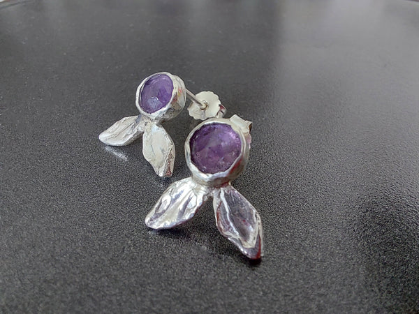 Amethyst Silver Leaf Stud Earrings