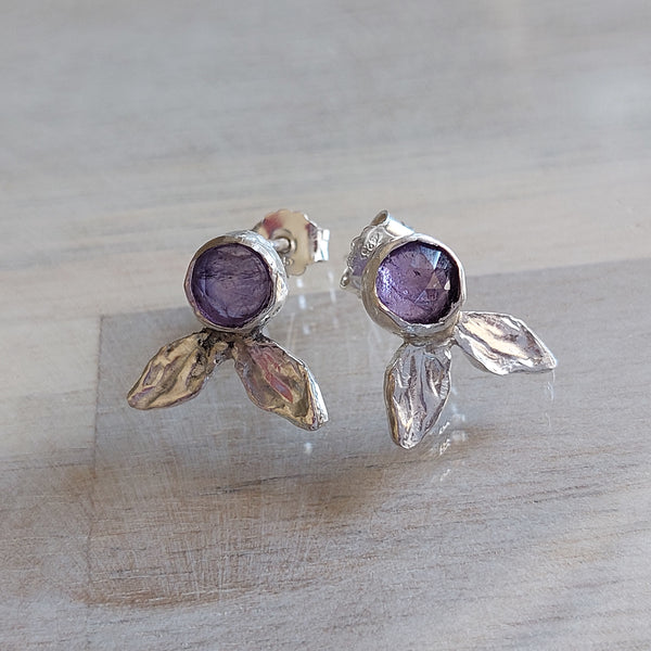 Amethyst Silver Leaf Stud Earrings