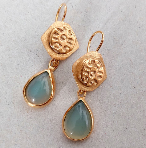 Aqua Aventurine Earrings Genuine Stone 18K Gold Vermeil