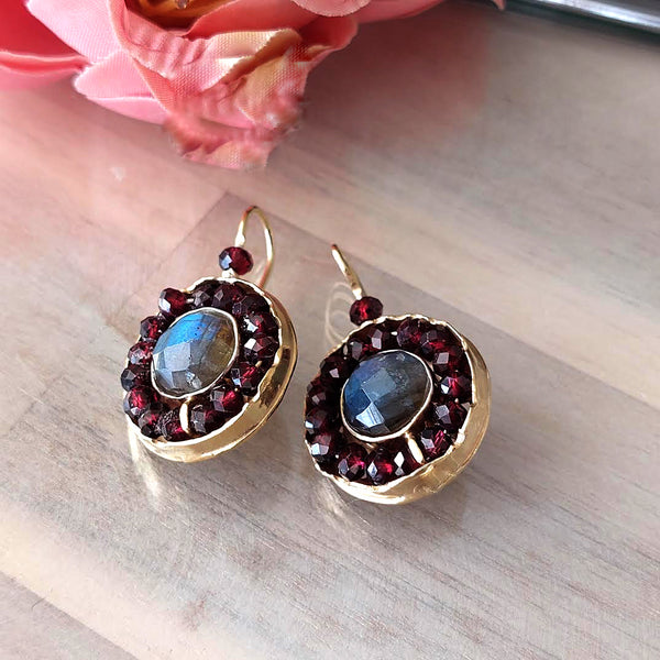 Garnet Labradorite and Gold Filled Earrings