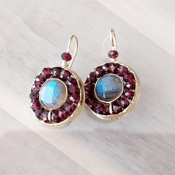 Garnet Labradorite and Gold Filled Earrings