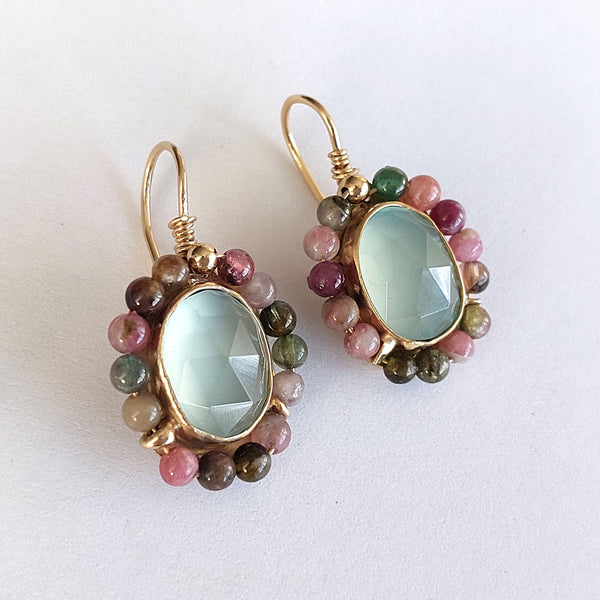 Tourmaline and Aqua Chalcedony Gold filled Earrings