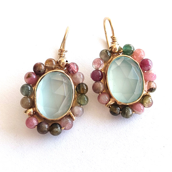 Tourmaline and Aqua Chalcedony Gold filled Earrings