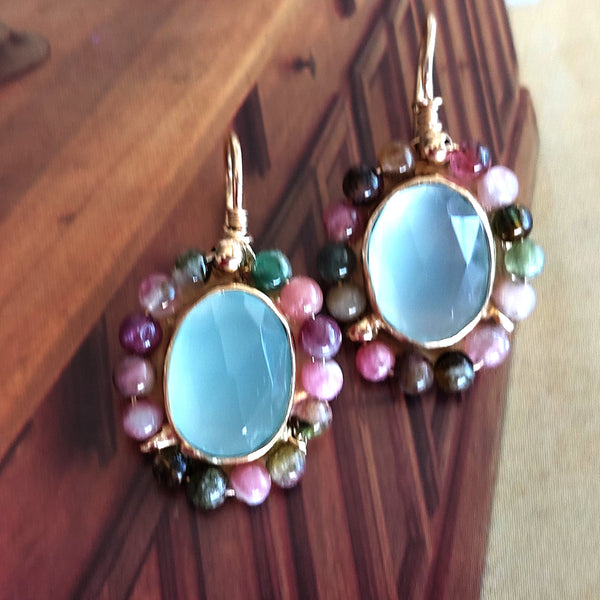 Tourmaline and Aqua Chalcedony Gold filled Earrings