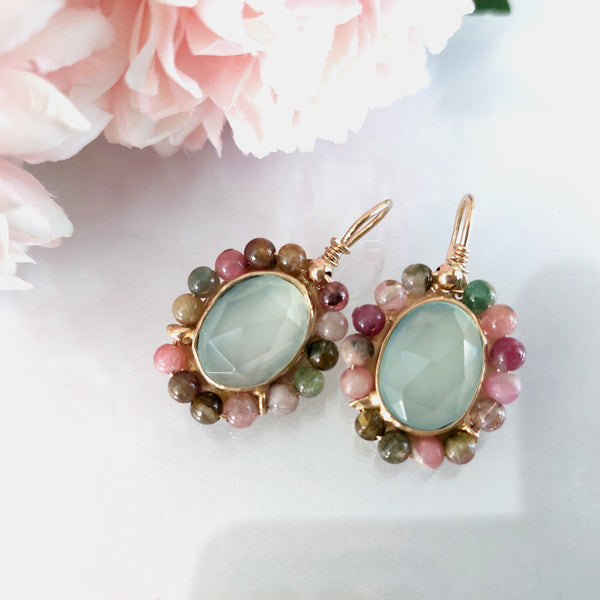 Tourmaline and Aqua Chalcedony Gold filled Earrings