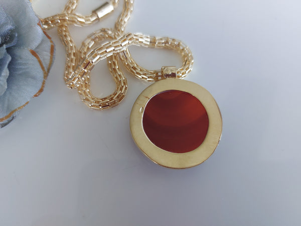 Gold Round Orange Agate Pendant Necklace