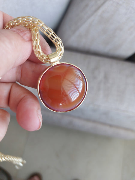 Gold Round Orange Agate Pendant Necklace