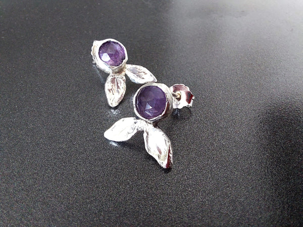 Amethyst Silver Leaf Stud Earrings