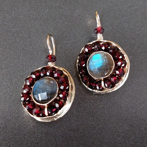 Garnet Labradorite and Gold Filled Earrings