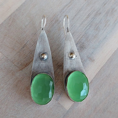 Green Stone Silver Gold Dangle Drop Earrings