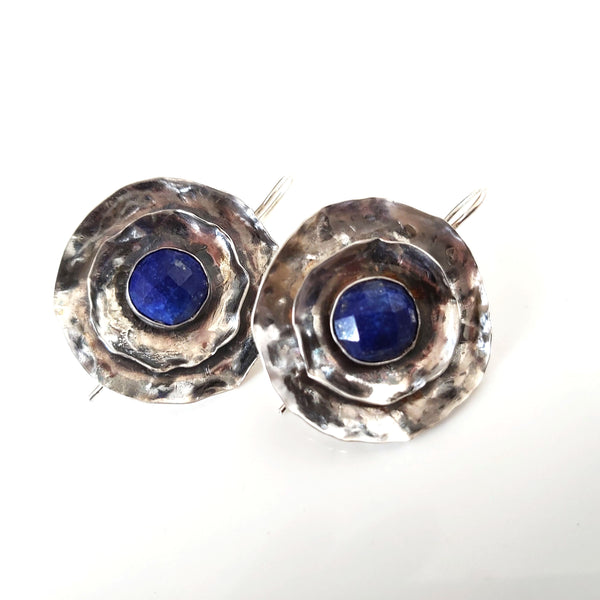 Lapis Lazuli Silver Round Disk Earrings.