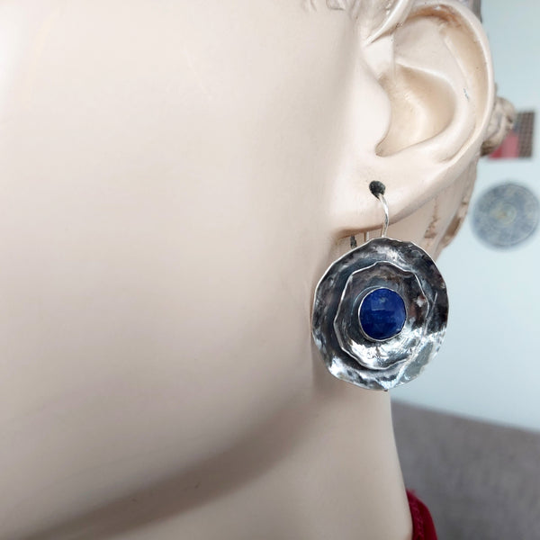 Lapis Lazuli Silver Round Disk Earrings.