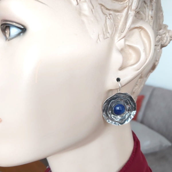 Lapis Lazuli Silver Round Disk Earrings.