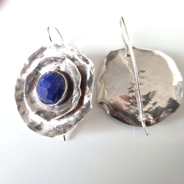 Lapis Lazuli Silver Round Disk Earrings.