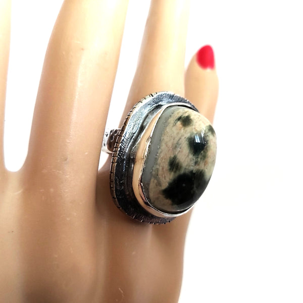 Large Leopard Skin Jasper Silver Ring