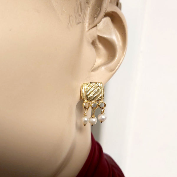 Gold Pearl Stud Dangle Earrings