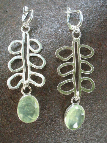 Long Prehnite Silver Dangle Earrings