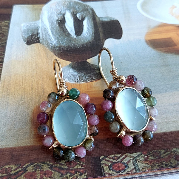 Tourmaline and Aqua Chalcedony Gold filled Earrings